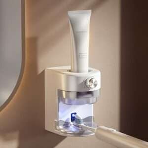 "Smart Touchless Toothpaste Dispenser - USB-Rechargeable, Hygienic One-Touch, Compact, Sleek White"