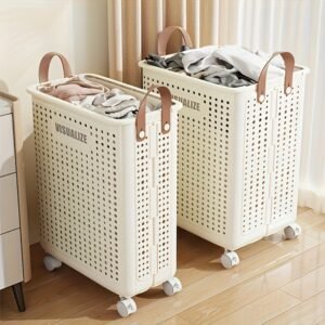 15.8Gal Large Foldable Wheeled Laundry Basket - Faux Leather, No Lid, Portable Rolling Hamper