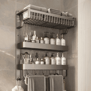 No-Drill 3-Tier Aluminum Bathroom Shelf with Towel Bar and Hooks