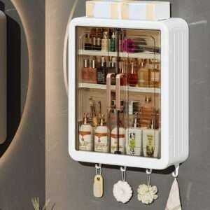 1pc White Adhesive Wall Cabinet with Doors & Hooks - No-Drill, Space-Saving Storage for Bathroom, Kitchen (12.6x15.9x5.1cm)