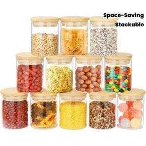 12pc Glass Pantry Jars with Bamboo Lids - Airtight, Stackable Round Containers for Grains, Tea, Coffee, Spices, Candy (5x7cm)
