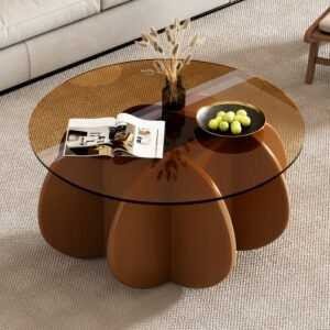 31.5" Round Tempered Glass Coffee Table with Storage - Modern Brown Design for Living Room, Easy Assembly