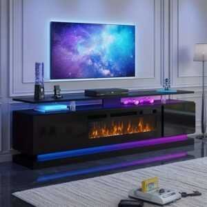 36" Modern Black Fireplace TV Stand for 80" TVs: ETL/CSA Heater, 12 Flame Colors, 5 Brightness Levels, Glossy Wood Grain Console with Storage