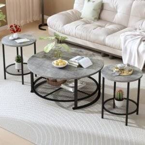 Modern 3-Piece Round Wooden Coffee Table Set with End Tables, Open Storage for Living Room, Office, Apartment, Small Spaces - DKLGG