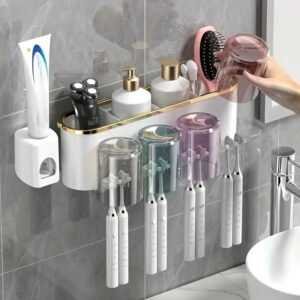 Wall-Mounted Toothbrush Station with Automatic Squeezer