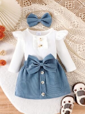 3-Piece Long Sleeve Bodysuit & Skirt Set with Matching Hair Tie