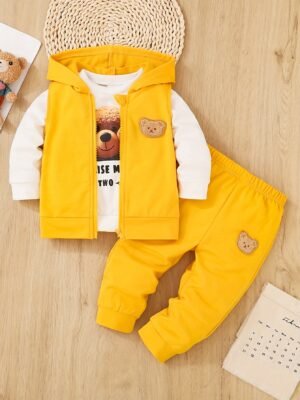 3-Piece Boys' Bear Embroidery Vest, Sweatshirt & Pants Set