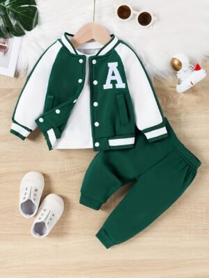 Baby Boy Letter Embroidered Color Block Baseball Suit, for Outdoor
