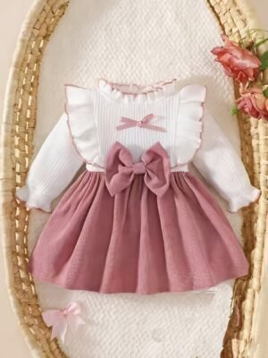 Girls' Casual Cute Bow Decorated High-Neck Dress P102127