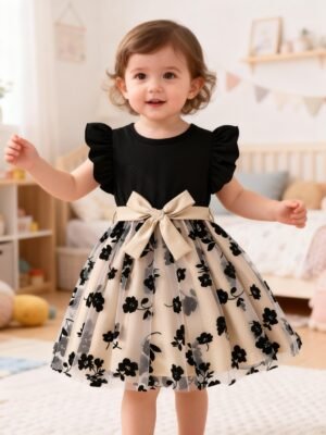 Baby Girl Summer Casual Elegant Black Floral Pattern Dress And Belt 2pcs Set Toddler Clothes