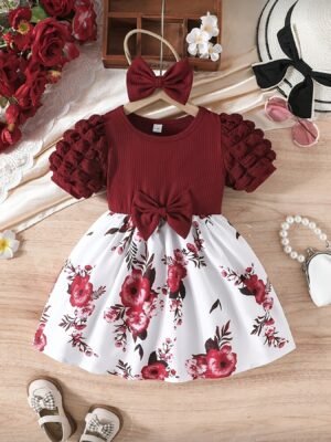 Toddler Girls’ Summer Floral Puff Sleeve Dress with Headband