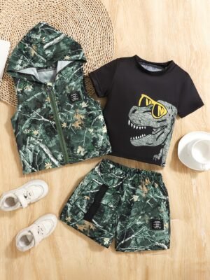3pc Baby Boy Dinosaur T-Shirt, Hooded Vest & Shorts Set