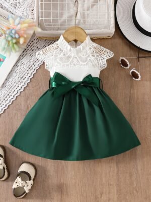 6M-2 Years Old 2pcs Set Infant Lace Trimmed Collar Patchwork Solid Woven Casual Dress with Belt Summer