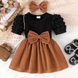 Girls' 2pcs Set with Bow Decoration, Black Ribbed Patchwork Corduroy Skirt, 2-in-1 Look, Waist-Cinching Bubble Short Sleeve Dress with Hair Tie, Summer