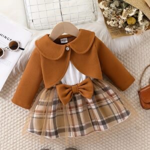 Girls’ 2pc Vintage Plaid Dress & Doll Collar Jacket Set