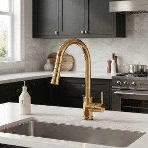 Polished Gold Kitchen Sink Faucet with Pull-Out Dual-Function Sprayer and Single